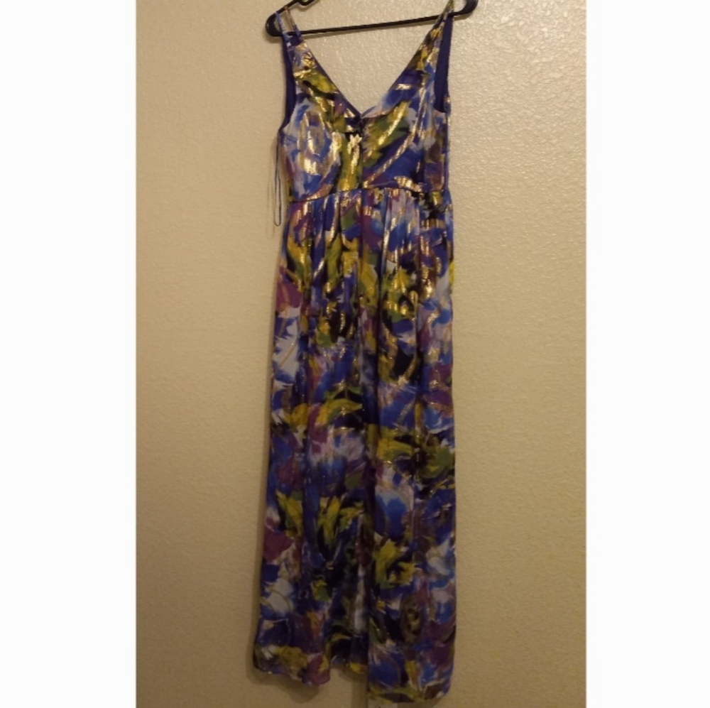 Oleg Cassini Purple Blue Gold Silk Metallic Maxi Gown Dress - Picture 4 of 4